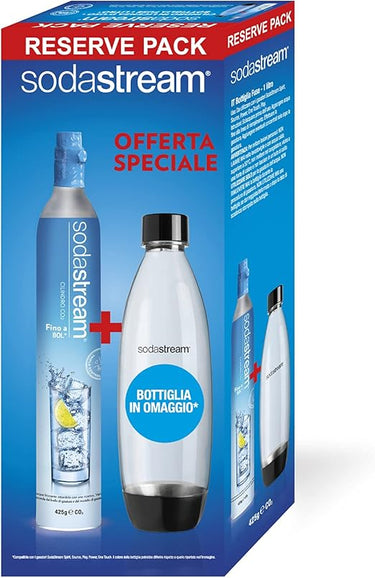 SodaStream Cilindro Ricarica Gas CO2 in Licenza d’Uso per Gasatore + Bottiglia in PET Fuse da 1 Litro per Gasatore